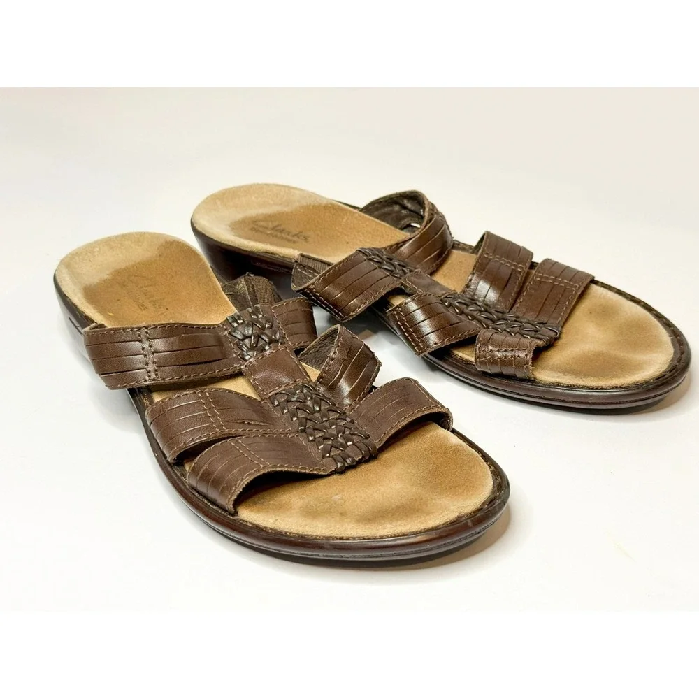 Clarks Brown Leather‎ Slide Sandals Women's 8M Woven Strap Comfort Cushioned